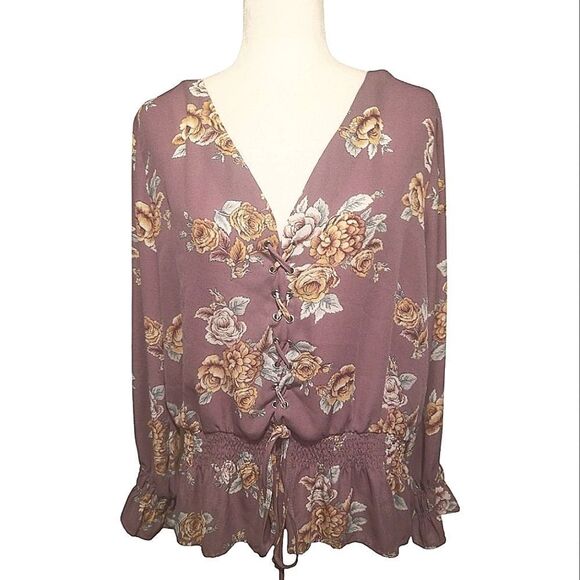 Cure Pheasant Blouse Elastic Band Flare at Hemline Dusty Rose Floral Size 1X - Picture 1 of 8